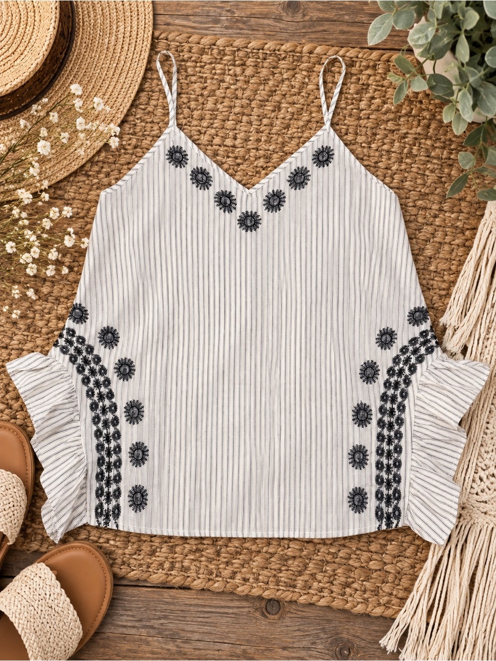 Doe & Rae Embroidered Striped Ruffle Side Boho Cami Tank Top - Picture 3 of 5